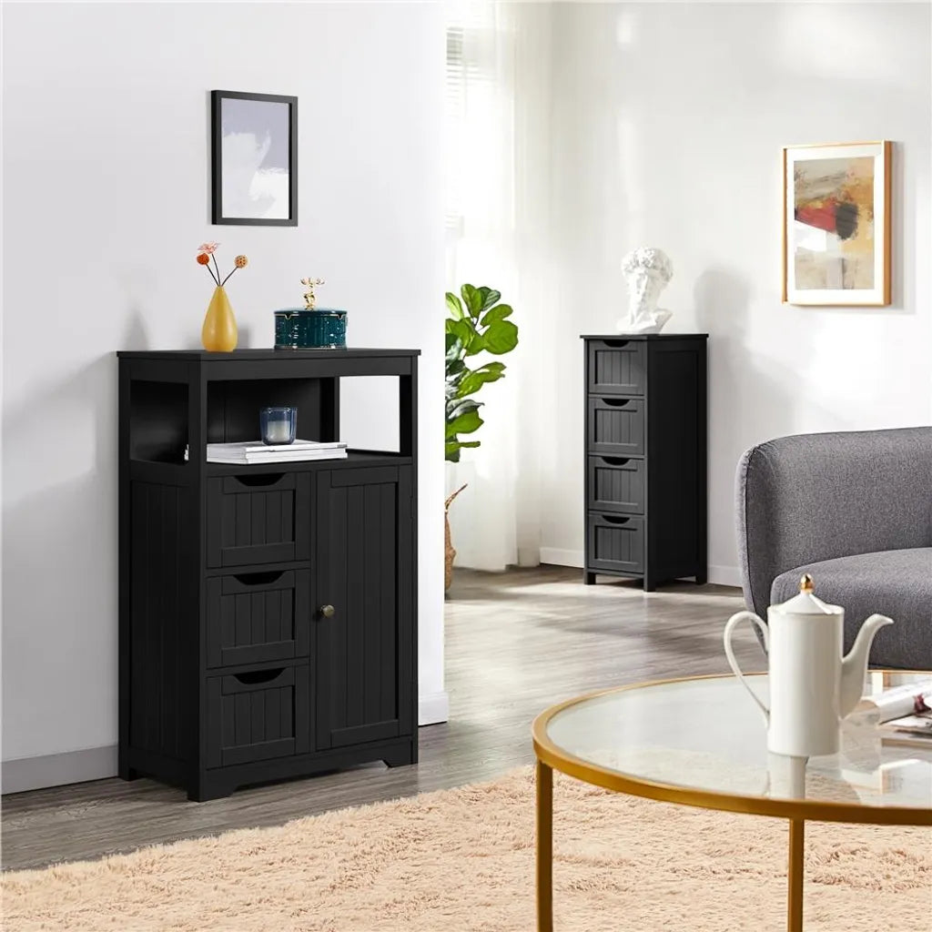 Yaheetech Badkamerkast met 3 Laden en Verstelbare Plank - Zwart - 55,5 x 29,5 x 86,5 cm