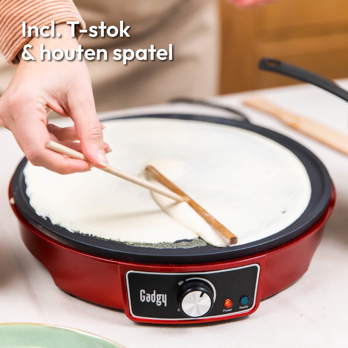 Gadgy Pannenkoekenmaker - Ø30CM Crêpe Maker - 1000W met Regelbare Thermostaat - Incl. Spatel en Deegverdeler - Rood