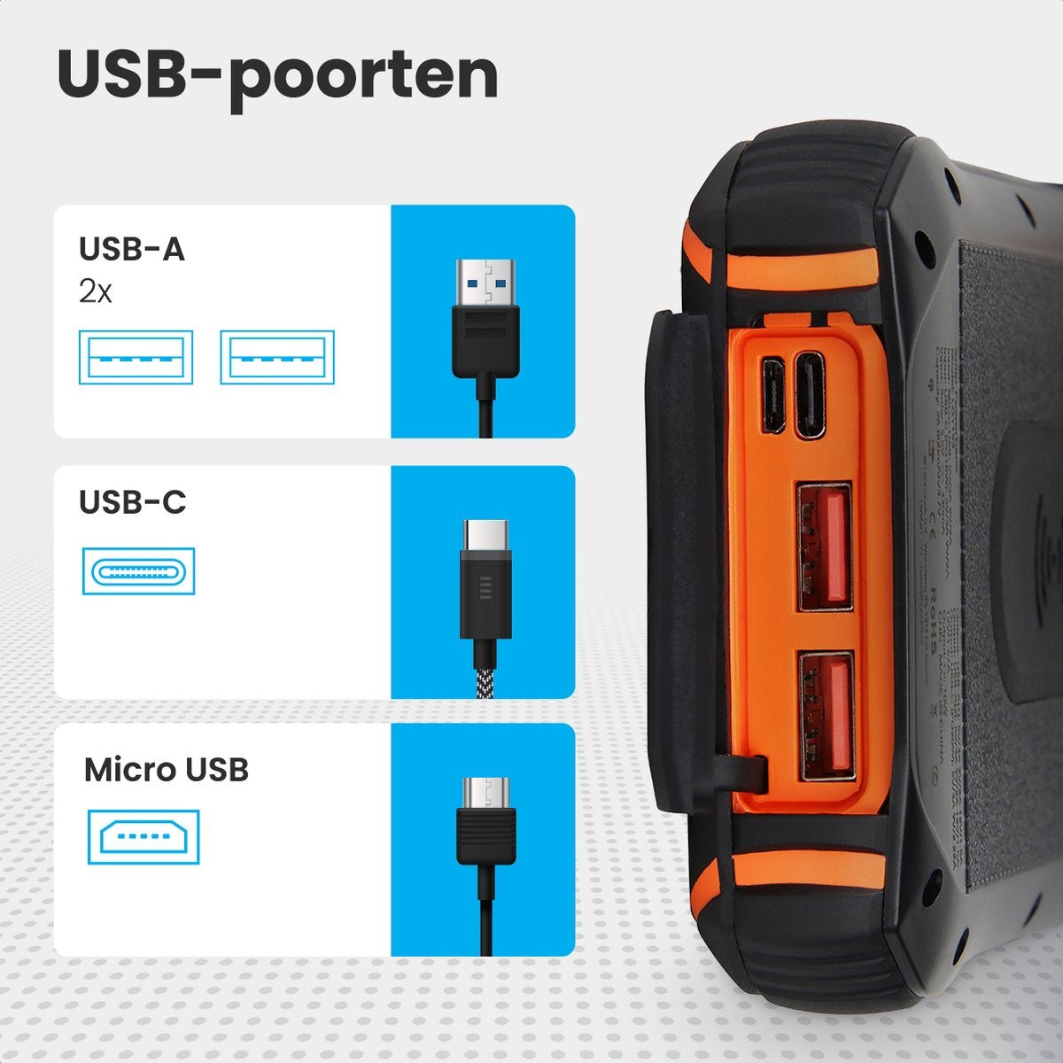 LifeGoods Powerbank - 26.800 mAh - Zonne-energie - Draadloos - Slimme Zaklamp - Stof- en Waterdicht - IK02 - Oranje/Zwart