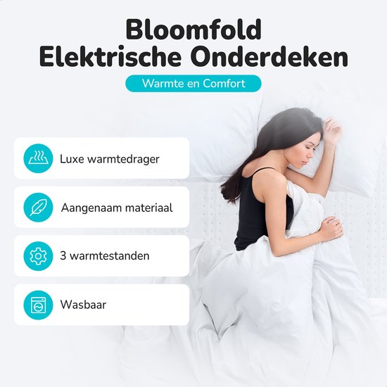 Bloomfold Elektrische Onderdeken - 150 x 80 cm - Wasmachinebestendig - 1 Persoons - 3 Standen - Warmtedeken - Wit/polyester