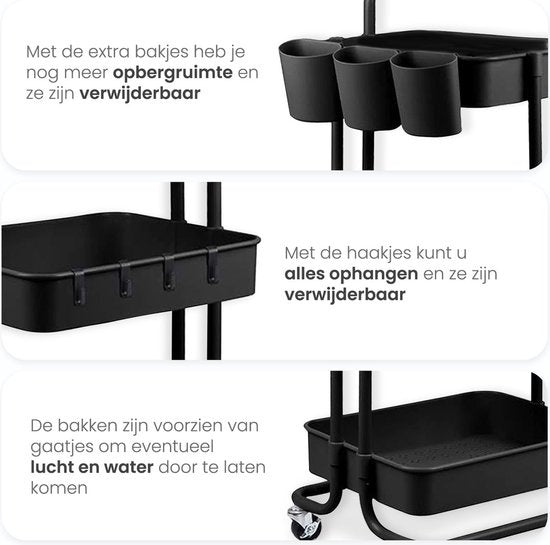 Goliving Keukentrolley op wieltjes - Serveerwagen - Keuken Trolley - Met Haakjes en Bakjes - Verrijdbaar en Vast - 3 Lagen - Zwart
