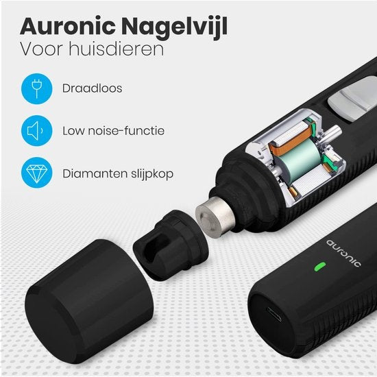 Auronic Elektrische Nagelvijl - voor Dieren - Oplaadbaar - Draadloos - Diamant Vijlkop - Hond/Katten - Zwart