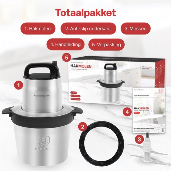 AoraKitchen Hakmolen - 5 Liter - 2 Snelheden - Chopper - 2000W - Elektrisch - 4 RVS Messen