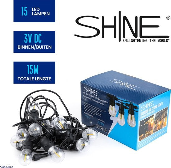 SHINE Lichtsnoer Buiten – Solar LED Prikkabel – 15 Meter – Vintage Sfeerverlichting – Afstandsbediening
