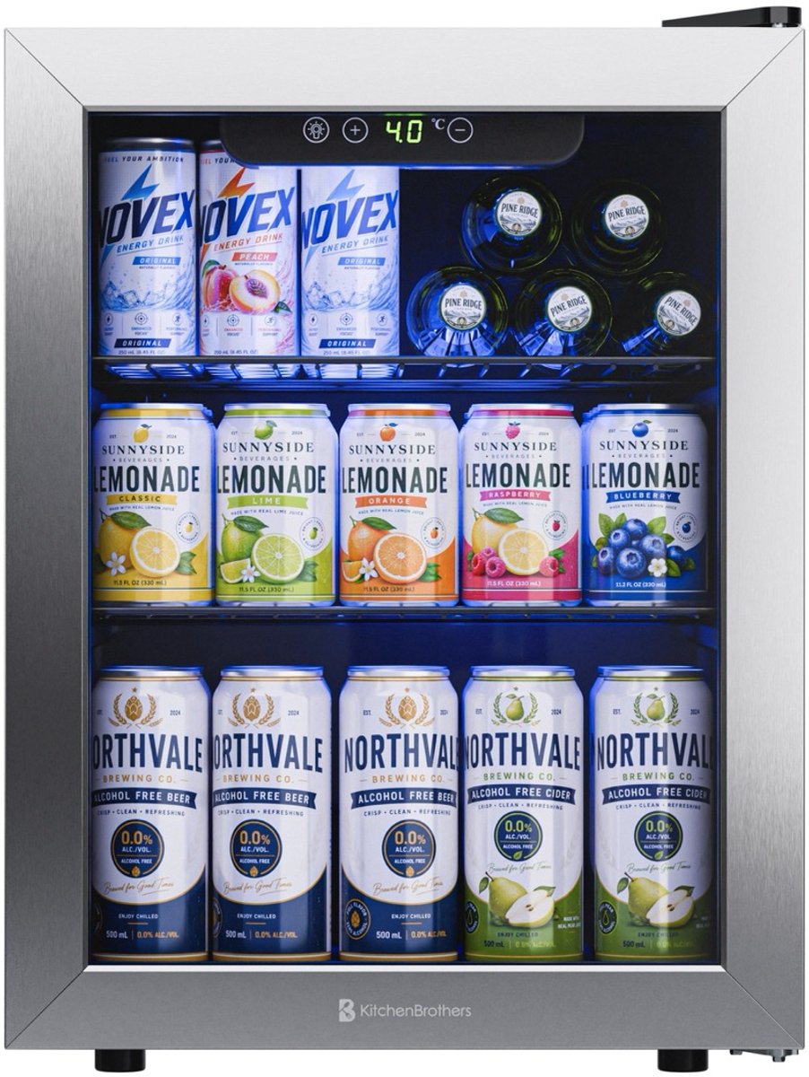 KitchenBrothers Drankkoelkast 48L - Mini Koelkast met Glazen Deur - Minibar - Ruimte voor 68 Blikjes - Zwart