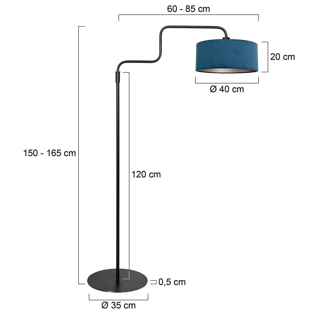 Zwarte Vloerlamp Bloeba 4169ZW van Steinhauer met verstelbare hoogte (150-165 cm) en uitrekbare zwenkarm tot 66 cm, metalen basis met blauwe velours kap Ø40cm, trendy design voor binnen.