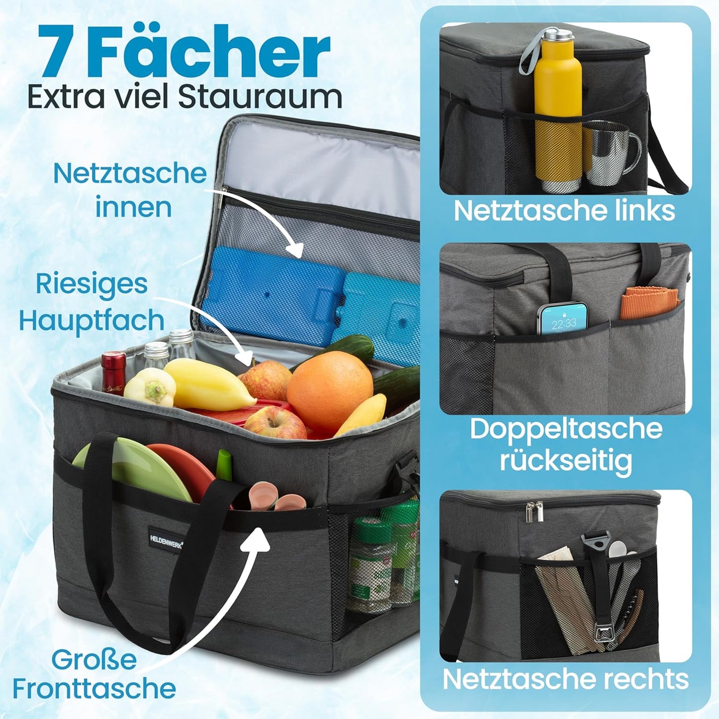 Heldenwerk Koeltas - 30L - 12 uur - 7 compartimenten - Grijs