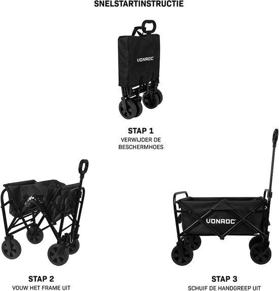 VONROC Bolderkar – Compact model – Opvouwbaar – 60 kg draagvermogen – 50l inhoud – Massieve anti-lek wielen – Stevig stalen frame – Polyester 600D – Zwart