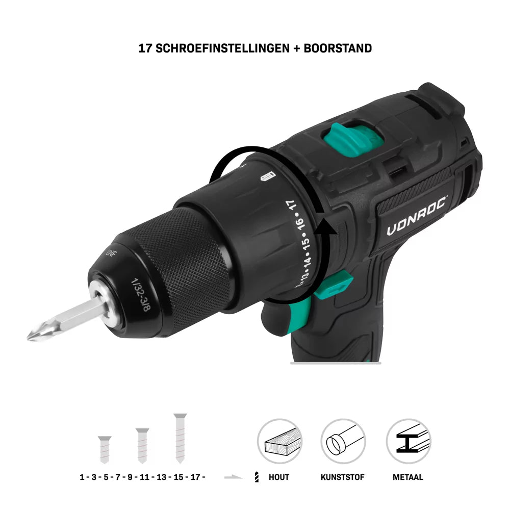 VONROC PRO Accuboormachine 20V – 40 Nm – Brushless motor - 17 schroefstanden + boorstand - Incl. 2 bits - Excl. Accu en snellader