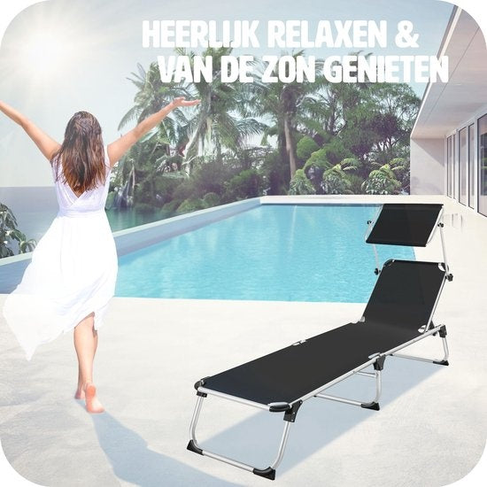 tectake® - Ligstoel ligbed zonnebed Aurelie - incl. verstelbaar zonnedak - zwart