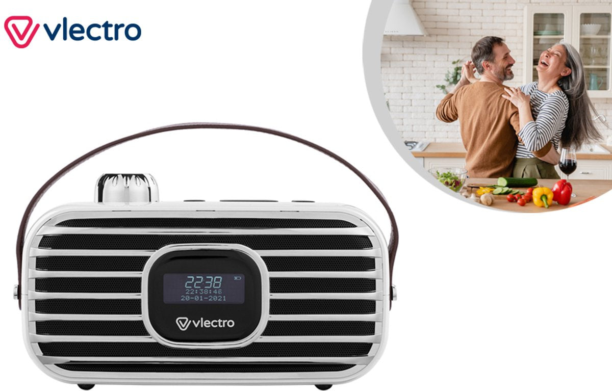 Vlectro Retro DAB+ Radio met Bluetooth - Compact Design - 12u Accuduur - Inclusief Alarmklok