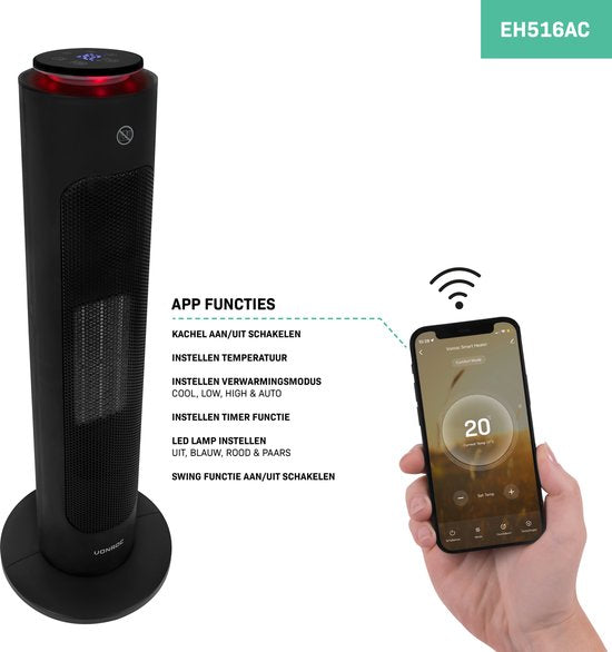 VONROC Luxe elektrische kachel - ventilatorkachel - 1300W/2000W - bediening zowel met App (via Wifi) als handmatig - torenmodel - keramisch - AUTO Modus - zwenkfunctie - thermostaat en timer - 20m2 - Incl. afstandsbediening