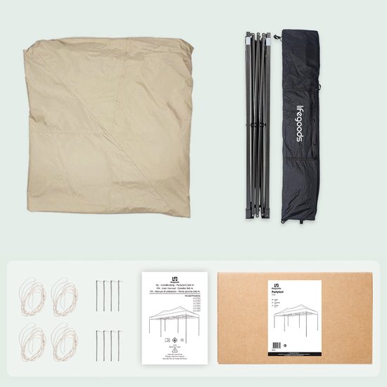 LifeGoods Partytent - Opvouwbaar - 3x6 m - Easy Up - Paviljoen - Waterdicht - Draagtas met Wieltjes - Beige