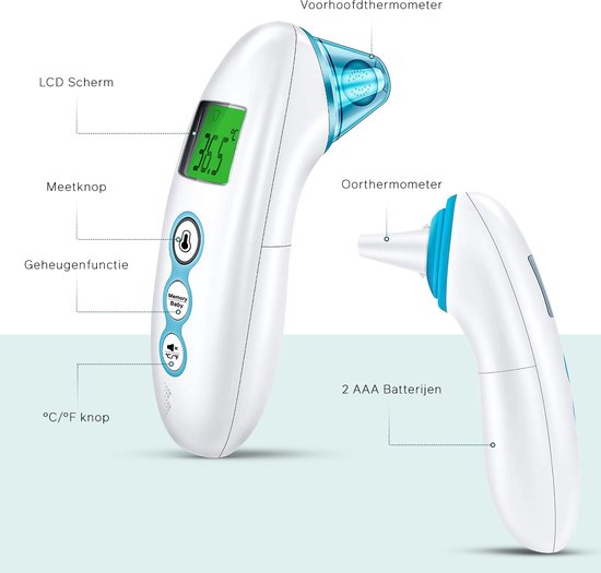 Bintoi® X100 - Digitale Oorthermometer - Infrarood Thermometer Voorhoofd - Temperatuurmeter - koortsthermometer voor volwassenen en baby's - Digitale thermometer lichaam - Instant meting in 1 seconde - Incl. batterijen