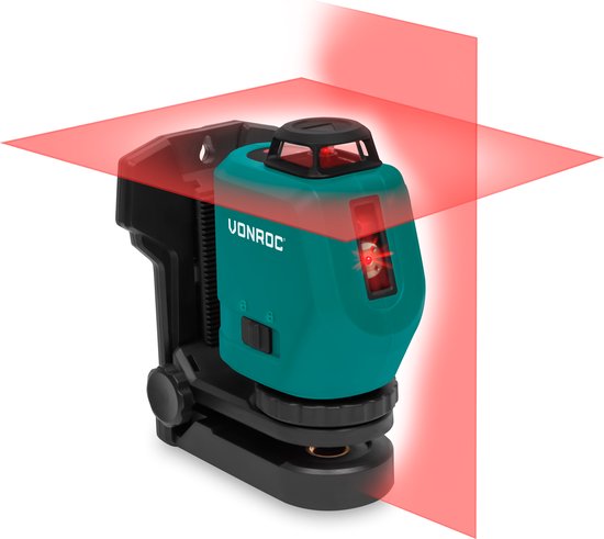 VONROC Kruislijnlaser – 360° - rood – 4V accu – 2600mah - zelfnivellerend – ±20 meter bereik - Incl. bevestigingsbeugel, USB-C kabel & opbergtas