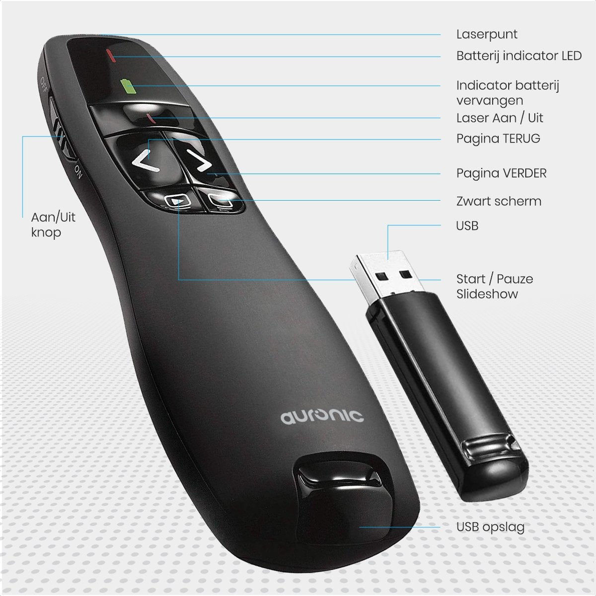 Auronic Presenter - Draadloos - Laser Pointer - Klikker - 20 Meter - Incl. Hoes - Zwart