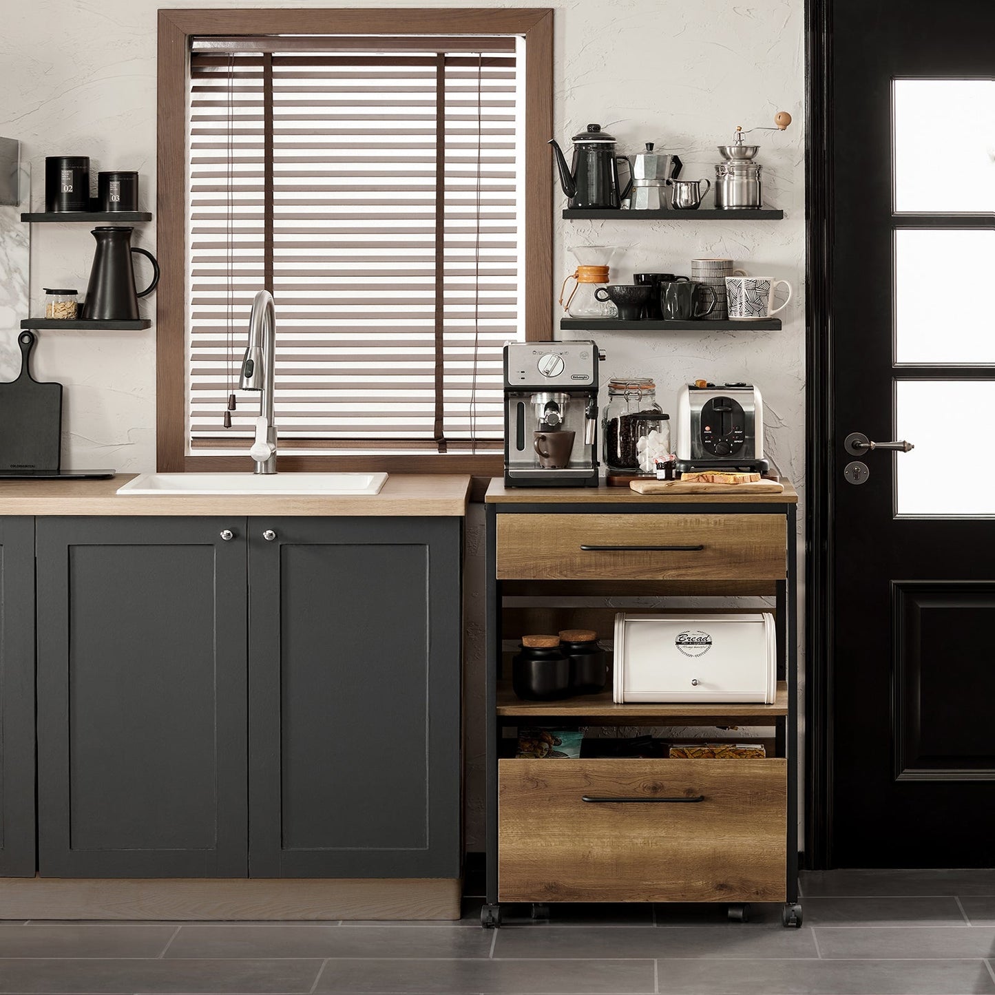 SoBuy Keukenwagen met 1 plank en 2 lades - Max. 63KG - 60 x 45 x 90 cm - Houtkleur