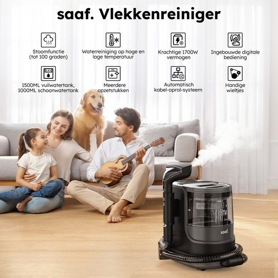 Vlekkenreiniger - 7-Delige Set - Tapijtreiniger Met Stoomfunctie - Inc. Vlekverwijderaar - Stoomreiniger - tot 100°C - Zwart - van Saaf