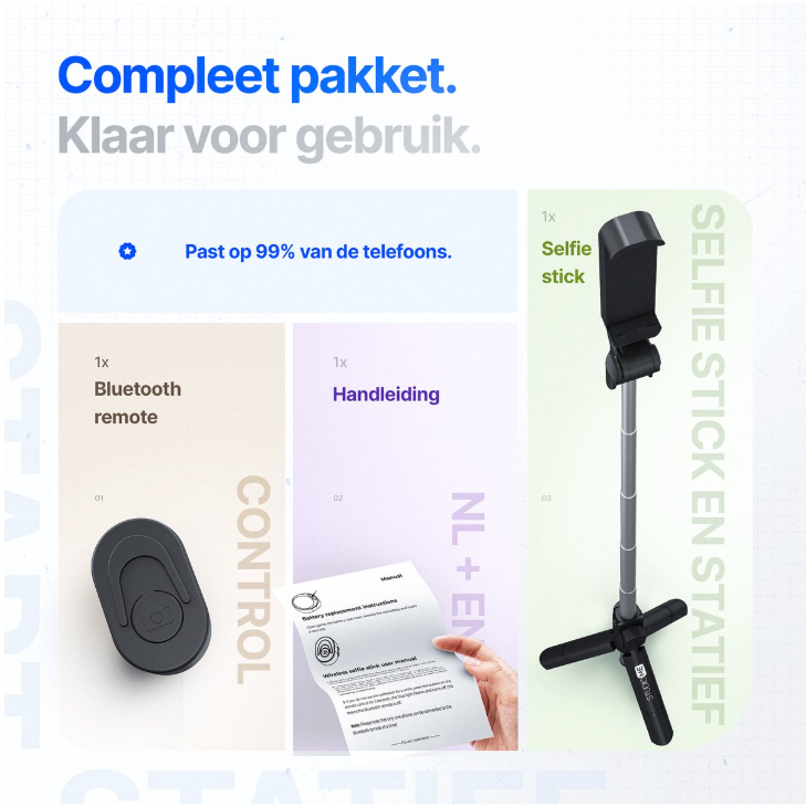 Studio ME Bluetooth Tripod Selfiestick – Afstandsbediening, Telefoonhouder En Kantelhoek – Voor Smartphone Foto En Video – Zwart Kunststof – 18 tot 66 cm