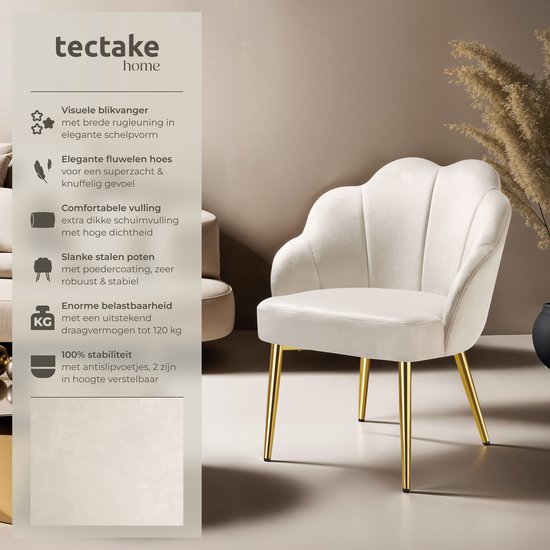 tectake® Cocktailstoel - Gestoffeerd met fluwelen bekleding - Zachte vulling - Gewelfde rugleuning - Stalen poten met poedercoating - Crème/Goud