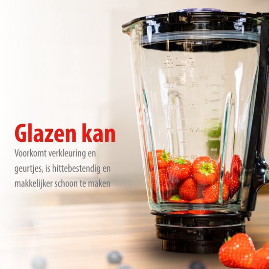 alpina Blender Smoothie 1.5L - Mixer 500W met Glazen Kan - Keukenmixer met 2 Snelheden en Pulserende Functie - Antislip Voetjes - Eenvoudig te Reinigen