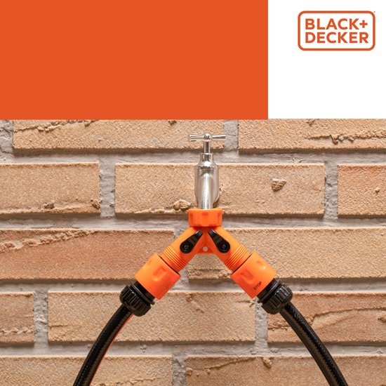 BLACK+DECKER Dubbel Kraanstuk Tuinslang - Tuinslang Koppeling - 3/4" Kraanaansluitingen - Geïntegreerde Waterstop - Waterstroom Reguleren - Kunststof - Oranje/Zwart