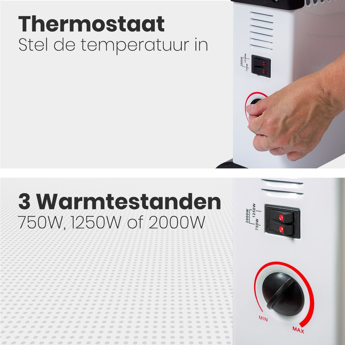 Auronic Elektrische Convectorkachel - 750/1250/2000 Watt - Verstelbare Thermostaat - Wit - 53.5x19.6x38.5