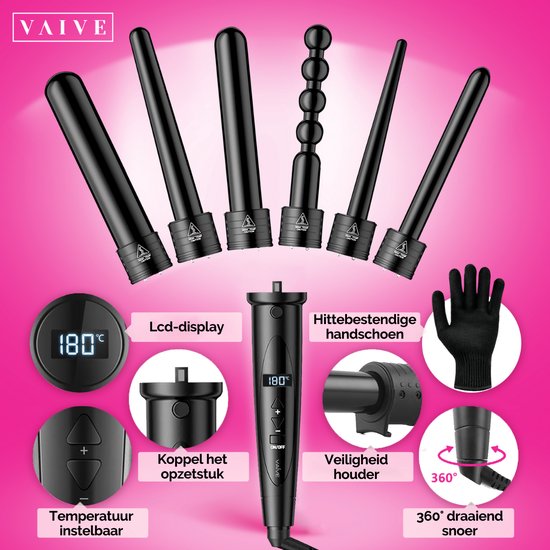 VAIVE Krultang met 6 Opzetstukken - Haarkruller - Krultangen - Curling iron - 32mm - 19 mm - 25mm