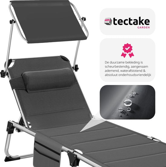 tectake® - ligstoel ligbed zonnebed gestoffeerd, inklapbaar - grijs - 220 x 60,5 x 34 cm, met zijvak