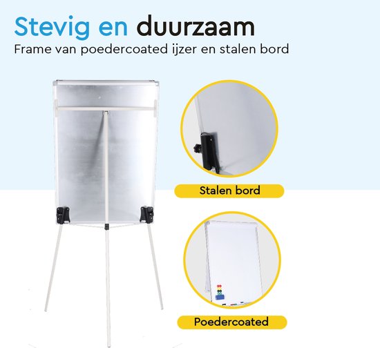 BRASQ Flipover - 70x100cm - Verstelbaar Whiteboard - Inclusief 25 vellen papier, 4 Stiften, 8 Magneten, Wisser - Magnetisch bord met Haken - Magneetbord - Aluminium