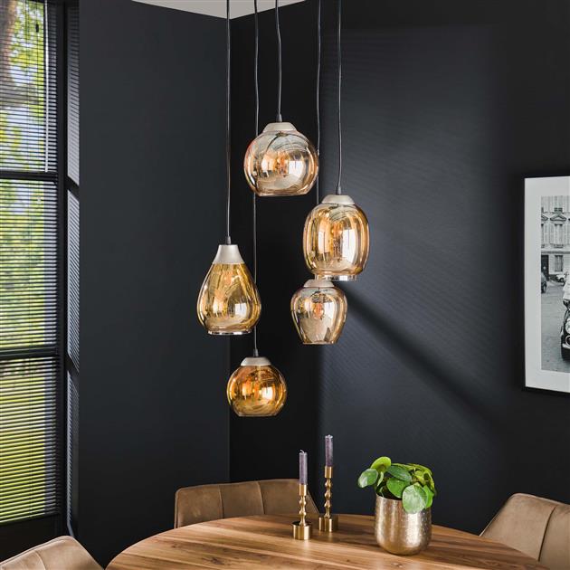 Bemade Furniture Hanglamp 5L getrapt mix / Amberkleurig glas