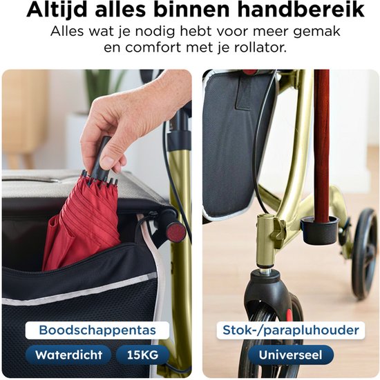 Medzone Rollator Lichtgewicht en Opvouwbaar - Zitfunctie - Binnen en Buiten - Rugleuning en Wandelstok Houder - Champagne - Goud