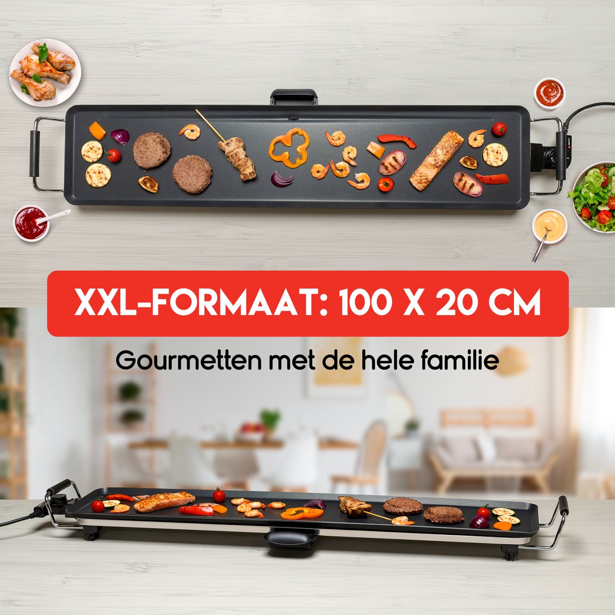 alpina Teppanyaki Bakplaat XXL - Bakplaat - 100x20cm - 2000W - Regelbare Thermostaat - Anti-Aanbaklaag - Zwart