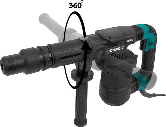 VONROC PRO Breekhamer 1200W - 6kg – slagkracht: 14 Joule – impactsnelheid: 3100 p/m – 5 meter kabel - Incl. zij-handgreep, puntbeitel, platte beitel en tube smeervet