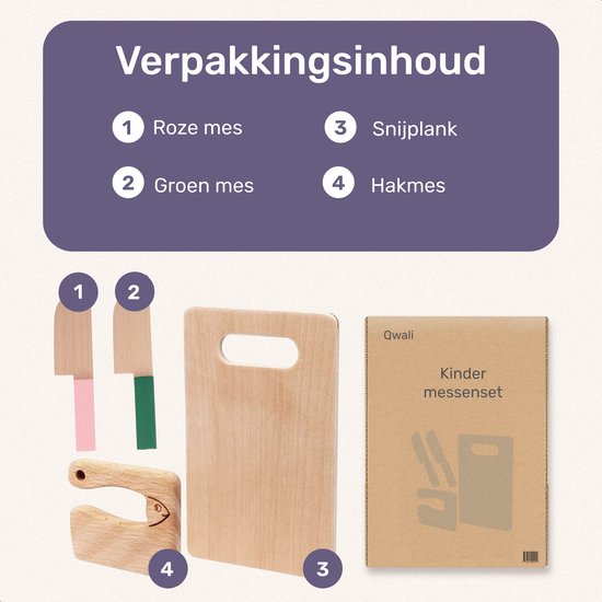 Qwali Houten Kindermessen Set - Veilig - Incl. Snijplank - Kinder - Bestek - Messen Kind - Keuken - Speelgoed