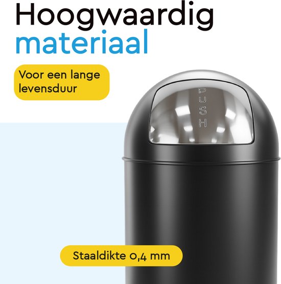 BRASQ Push Bin Prullenbak Zwart Vuilnisbak met uitneembare afvalemmer 30 liter - Afvalbak - Prullenbakken