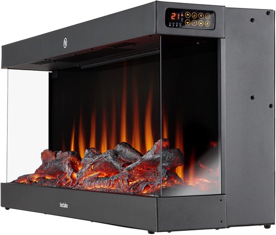 tectake® Wandhaard - Elektrische Haard - Sfeerhaard - 900W & 1800W - Bediening met Afstandsbediening of App - met Thermostaat - Kachel - met Verwarming - Haarden - met Hout en Gloeieffecten - 3D Vlammen - Timer - 9 Kleuropties