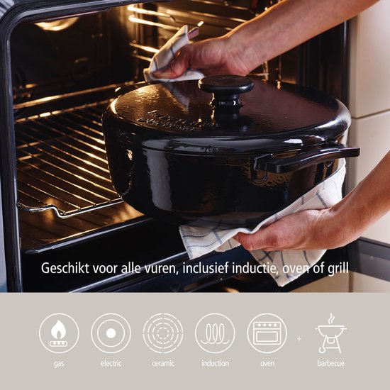 Brabantia The Dutch Oven XL Braadpan / Stoofpan 28cm - Hoge kwaliteit Gietijzer - 100% PFAS Vrij – Dubbele anti-aanbaklaag – RETRO - Inductie geschikt – Night Blue