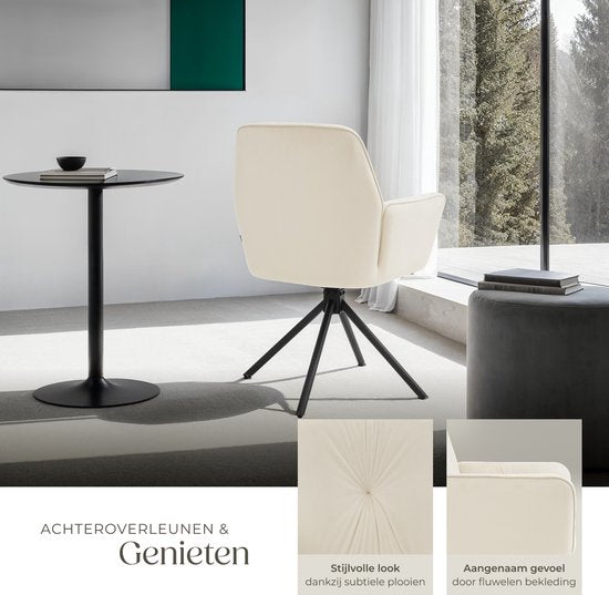 tectake® Draaifauteuil Lenia - Set van 2 Draaifauteuils met Armleuning - Draaibare Eetkamerstoel - Draaibare Fauteuils - Gestoffeerd - Fluweellook Crème/Zwart