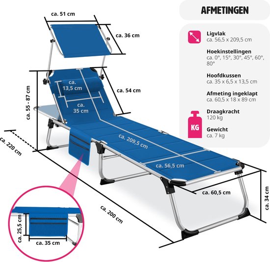 tectake® Ligbed Lorella met zonneluifel - Ligstoel - Zonnebed gestoffeerd - Inklapbaar - Voor in de tuin of op balkon - Met zijvak - Afmetingen (BxDxH) 220 x 60,5 x 34 cm - Blauw