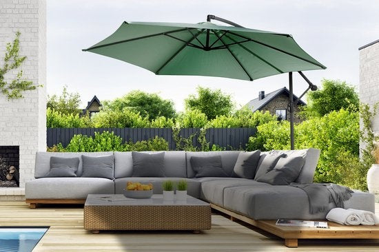 909 OUTDOOR Hangende parasol in donkergroen 2.5 m hoog, Tuinparasol met stalenframe en hoes, Parasol met zwengelgreep en kantelfunctie, Diameter 300 cm