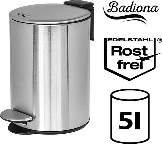 BADIONA Prullenbak – Softclose Deksel & Uitneembare Binnenemmer – 5 Liter – 22 x 22 x 29 cm – Zilver/Zwart