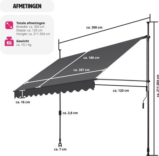 tectake - klemluifel - Zonnescherm – Zonneluifel - Verstelbaar - Klem-zonwering - Zonnescherm Balkon - 300 x 180 cm - zwartgrijs – zonwering - 404965