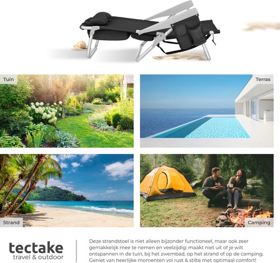 tectake® Strandstoel Coral - Opvouwbare Campingstoel met Koeltas en Opbergtas - 5-voudig Verstelbare Rugleuning met Hoofdkussen - Brede Armleuningen met Bekerhouder / Telefoonhouder - Inklapbare Kampeerstoel - Zwart
