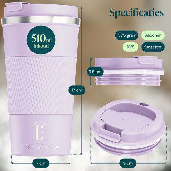 Castagnola Thermosbeker - Koffiebeker To Go - Travel Mug voor Koffie en Thee - Theebeker - 510 ML - RVS - Lichtpaars