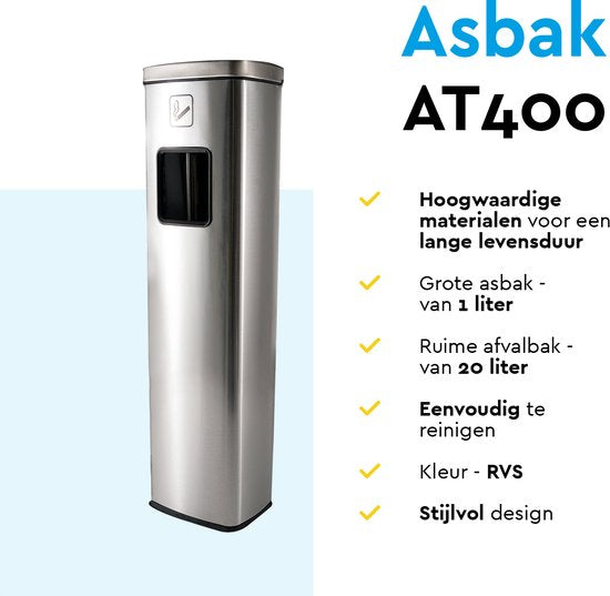 BRASQ Staande Asbak RVS - Buiten Asbak met 20 Liter Afvalbak - Rookpaal - Prullenbak met Asbak