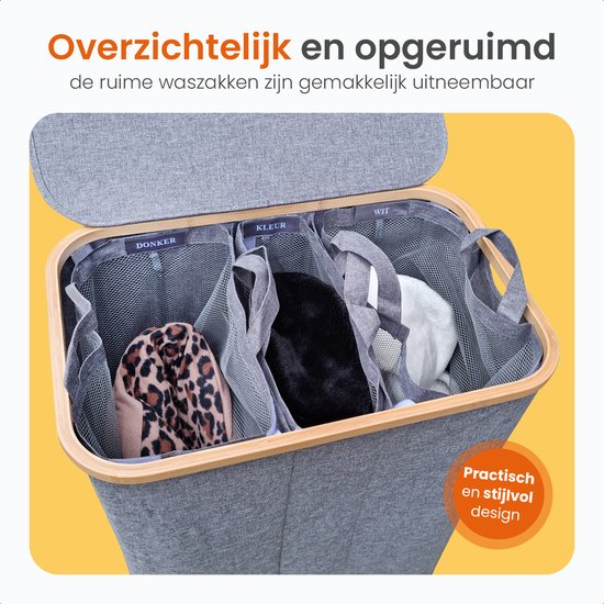 Goliving Wassorteerder 3 Vakken - 150L - Opvouwbare Wasmand Met Deksel - 3 Uitneembare Zakken Met Kleurlabels - 57 x 37 x 66 cm - Grijs