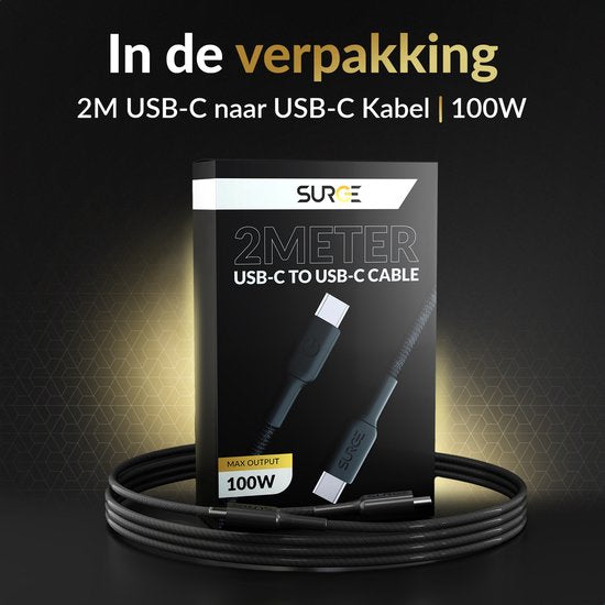 Surge USB C naar USB C kabel - 100W - 2 Meter Oplaadkabel - Snellader met 15% Kevlar - Geschikt voor o.a. Samsung / MacBook / iPhone 15 en 16 / iPad Pro