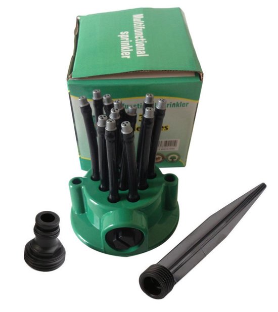 Premium Multifunctional Sprinkler – Voorzien Van 12 Buigbare Sproeikoppen En Grondpin En 35m² Bereik – Voor Gazon En Border – Groen Kunststof – 12 Koppig