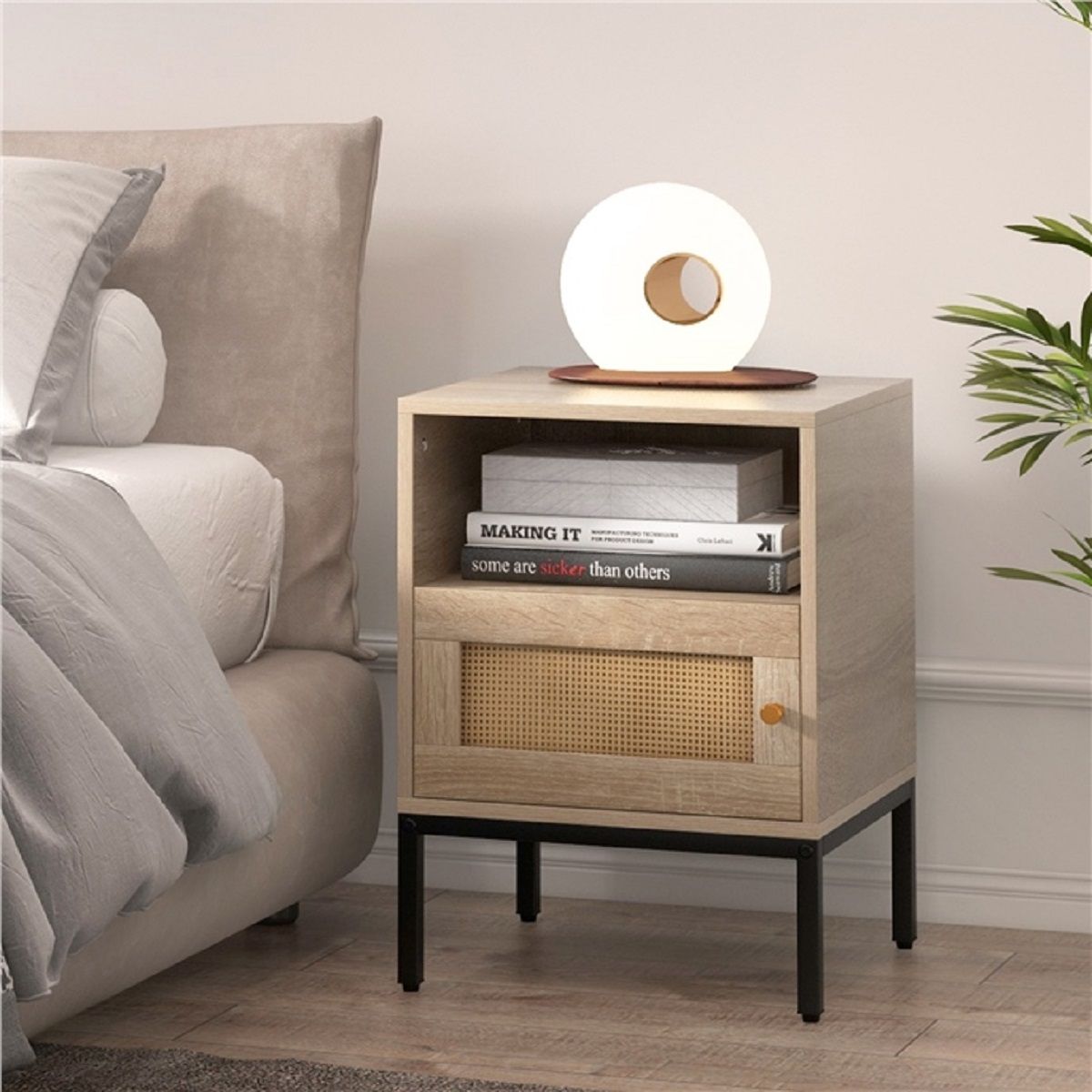 Coast 2-delige set rattan nachtkastjes - open rek en kast - natuurlijk hout - 40 x 40 x 57 cm